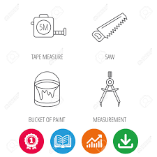 Tape Measure Saw And Bucket Of Paint Icons Measurement Linear