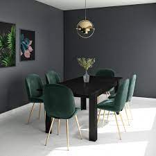 Niches dining chairs velvet chrome legs kitchen restaurant grey black champagne. Black Extendable Dining Table With 6 Gold Green Velvet Chairs Vivienne Jenna Furniture123