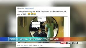 Here's video of rudy giuliani's appearance in borat subsequent moviefilm, available to stream now on amazon prime. Rudy Giuliani I Was Tucking In My Shirt After Borat Movie Stills Show Him With Woman In Hotel Room Lying On Bed Wccb Charlotte S Cw
