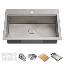 How thick are kraus stainless steel sinks? Workstation 32 Inch Drop In Or Undermount Single Bowl Stainless Steel Kitchen Sink
