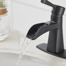 Bwe Waterfall Single Hole Single Handle Low Arc Bathroom Sink Faucet With Pop Up Drain Assembly In Matte Black