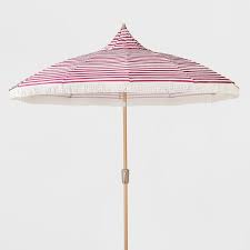 White Striped Fringed Patio Umbrella