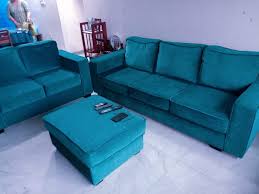 blue teak wood full cushion sofa set