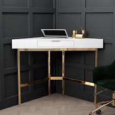 Walker frame white glass steel corner computer desk. White High Gloss Corner Desk With Gold Legs And Drawer Roxy Furniture123