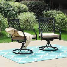 Phi Villa Black Metal Elegant Patio Outdoor Dining Swivel Chair With Beige Cushion 2 Pack