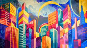 stylized cityscape of towering skysers