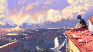 Get inspired by our community of talented artists. Wallpaper Sky Cityscape Buildings Clouds Painting Birds Anime Girl Anime Scenery Resolution 4500x2531 Wallpx