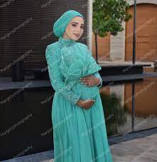 Элегантные бирюзовые трапециевидные мусульманские Беременные Женские платья  с высоким воротником с длинным рукавом платья для беременных для фотосессии  Роскошные платья | AliExpress