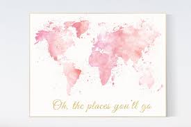 pink gold watercolor world map nursery
