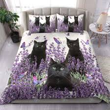 Black Cat And Lavender Flower Bedding