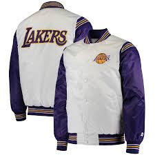 This product belongs to home , and you can find similar products at all categories , men's clothing , jackets & coats , jackets. Men S Los Angeles Lakers Starter White Purple Renegade Varsity Satin Full Snap Jacket