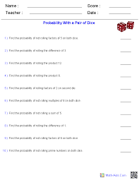 Probability Worksheets With A Pair Of Dice Probability