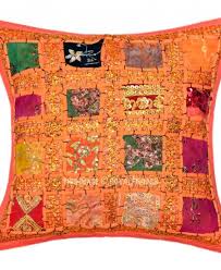orange accent sari patchwork cushion