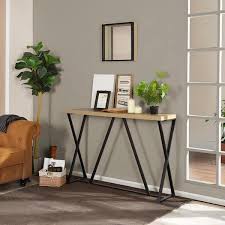 Anbazar 47 2 In L Oak Rectangle Wood Console Table Narrow Bar Table Industrial Entryway Table With Metal Frame For Living Room Brown