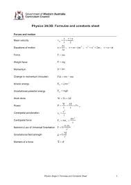 Physics 3a 3b Formulae And Constants Sheet