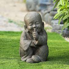 Luxenhome Weathered Brown Mgo Quiet Little Buddha Monk Garden Statue