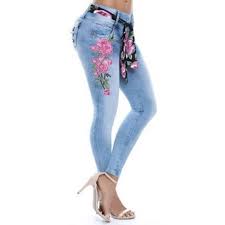 Womens Fashion Waistband Floral Print Jeans Denim Skinny Long Pants Plus Size