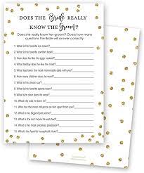 How well does the groom know the bride? Amazon Com 24 Cnt How Well Does Bride Know Groom Bridal Shower Game Faux Gold On White Kitchen Dining