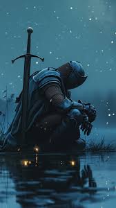 knight kneeling lake fantasy 4k