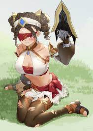 1girls braid braided hair breasts brown hair cleavage clothed  female crying defeated eremite (genshin impact) eremite desert clearwater  (genshin impact) eyepatch female fully clothed genshin impact grass high  heels