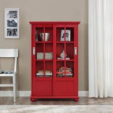 Red Bookcase With Sliding Glass Doors