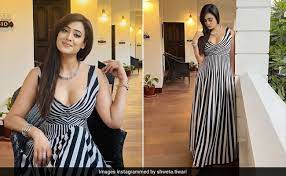 shweta tiwari in a stylish striped maxi