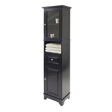 black tall storage cabinet with glass
