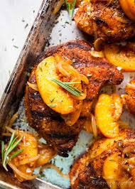 bbq rubbed pork chops and peaches the