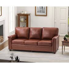Artful Living Design Cristina 77 2 In Wide Brown Leather Rectangle 3 Seat Sofa With Wooden Legs