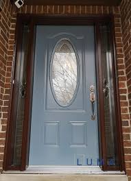 blue steel front door with oval glass