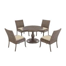 Hampton Bay Windsor 5 Piece Brown Wicker Round Outdoor Patio Dining Set With Cushionguard Biscuit Tan Cushions