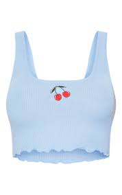 Baby Blue Embroidered Cherry Rib Crop Top Prettylittlething Usa