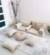 Beige Sofa Velvet Floor Cushion Couch