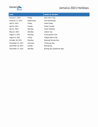 2021 jamaica list of holidays in pdf