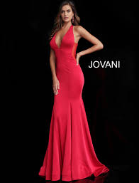 Red Plunging Neckline Open Back Jovani Dress 64003