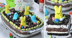 It's made with crushed oreos, cream cheese, chocolate pudding and cool whip and garnished with peeps and easter egg candies. Easter Chocolate Lasagna Easter Dessert Recipe