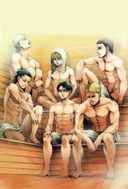 Did anyone else catch Mikasa, Armin and Historia from the Highschool spin  off and also Reiner, Levi etc. in the sauna. : r/ShingekiNoKyojin