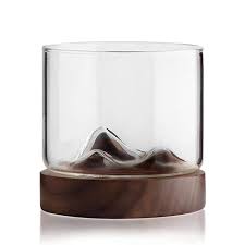 mountain peak whiskey glass with wooden