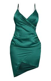 shape emerald green satin wrap dress