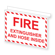 fire extinguisher and hose inside sign