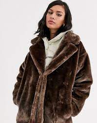 Monki Short Faux Fur Jacket In Brown