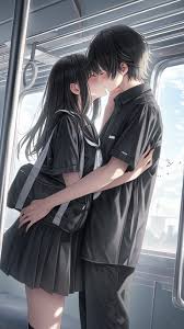 cute romantic anime couple kissing on