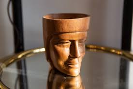 Vintage Wood Cup With Carved Face Solid
