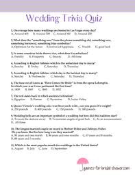 The questions and answers are free to use and vary from easy and fun, difficult and challenging, multiple choice answers and various brain teasers. Free Printable Wedding Trivia Quiz