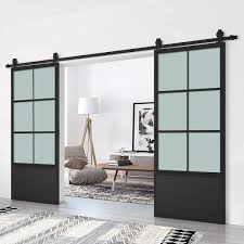 Glass And Metal Double Sliding Barn Door With Installation Hardware Kit Calhome Hardware Finish Frosted Size 84 X 84