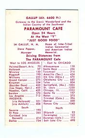Details About Paramount Cafe Us Route 66 Gallup New Mexico Color Business Card Mileage Chart