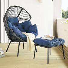 Pocassy 35 In W Oversized Gray Wicker Egg Chair Patio Egg Lounge Chair With Blue Cushions And Ottomans