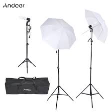 Andoer Photography Video Portrait Umbrella Continuous Triple Lighting Kit With Three Bulbs Three E27 Swivel Socket Three Stand Two Umbrellas Carrying Case