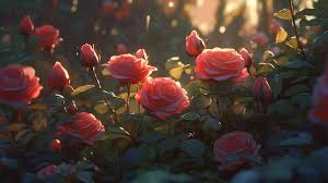 red roses sunshine garden background