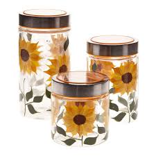 Walter Drake Sunflower Canisters Set Of 3 In Different Sizes Clear Glass With Painted Design Metal Lids